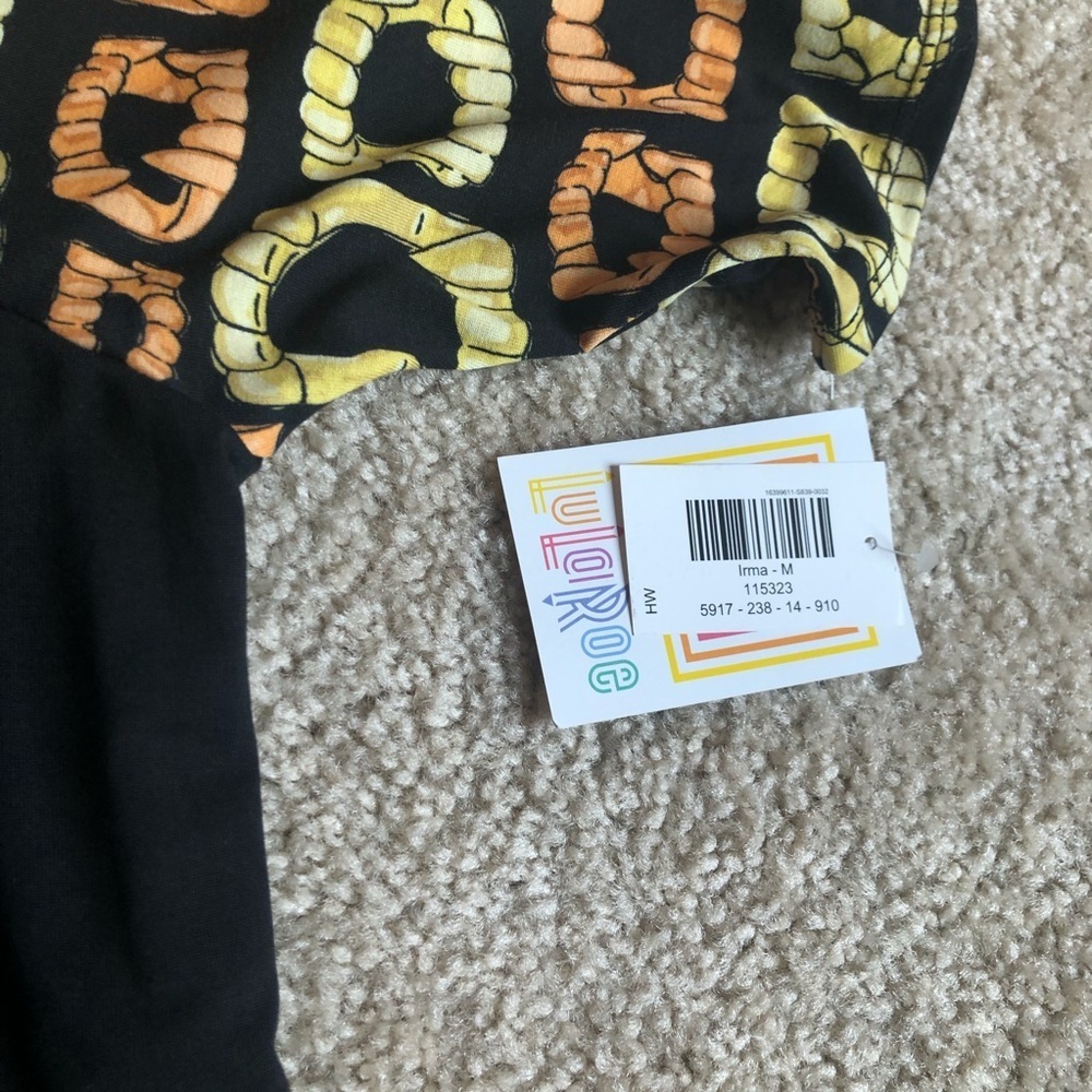 Lularoe Irma Halloween Vampire teeth tunic short sleeve shirt top orange black - Picture 5 of 6